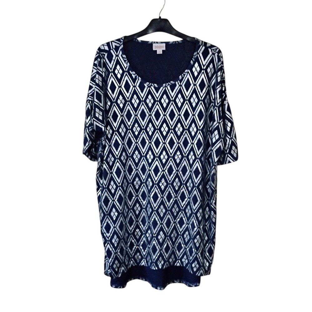 LuLaRoe Irma Tunic Top Large Navy Blue Silver Metallic Diamond Geometric Top